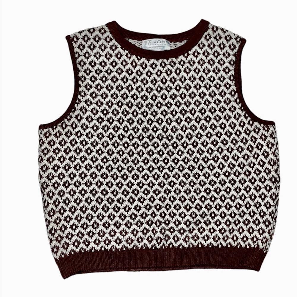 ST.JOHN Vintage Collection Santa Knit Brown & White Boxy Kit Vest L preppy